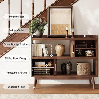 ONBRILL 44" Sideboard Buffet Cabinet with Outlet & 2 Open Storage Spaces, Fluted Sideboard Cabinet with Sliding Door & Adjustable Shelves, Mid-Century Accent Coffee Bar Console Table with Wooden Feet