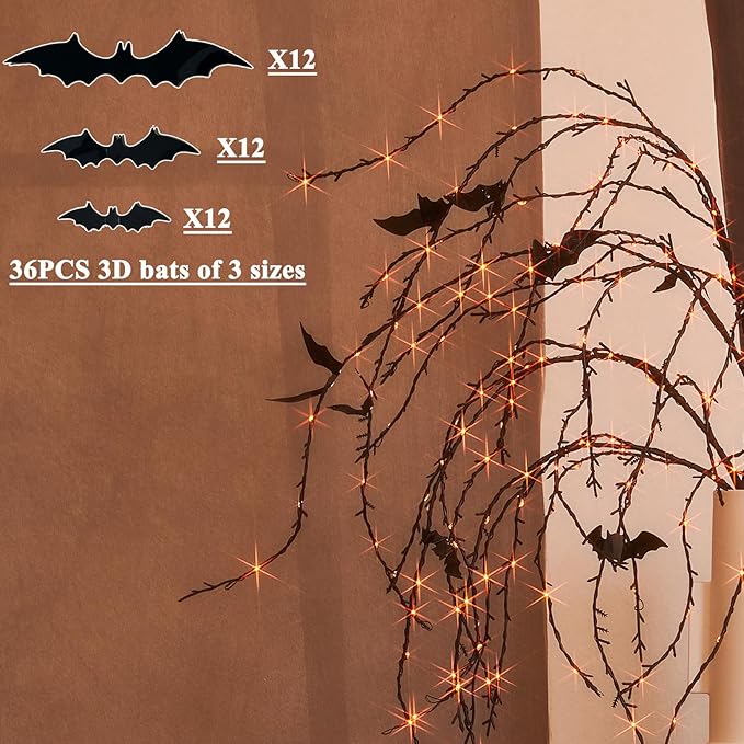 LITBLOOM Halloween Tree Branches with Lights 43IN 180 Orange and Warm White Fairy Lights, Lighted Black Weeping Willow Branches with Bats Dimmer and Timer for Home Fall Halloween Decoration