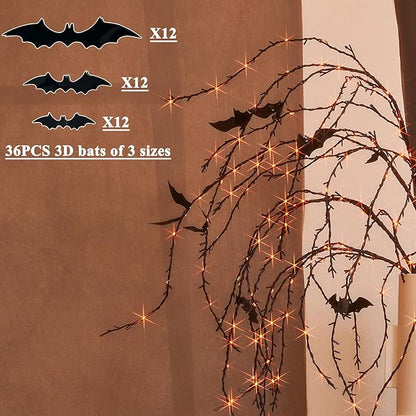 LITBLOOM Halloween Tree Branches with Lights 43IN 180 Orange and Warm White Fairy Lights, Lighted Black Weeping Willow Branches with Bats Dimmer and Timer for Home Fall Halloween Decoration