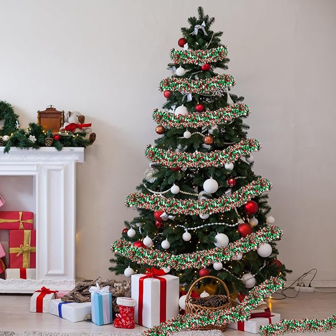 50 FT Christmas Tinsel Garland for Christmas Tree Decorations, Red Green Silver Metallic Twist Shiny Hanging Xmas Garlands for Stairs Mantle Fireplace Home Indoor Outdoor Holiday Party Suppliers Decor