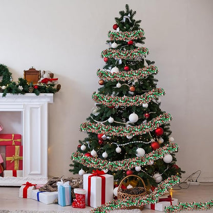 50 FT Christmas Tinsel Garland for Christmas Tree Decorations, Red Green Silver Metallic Twist Shiny Hanging Xmas Garlands for Stairs Mantle Fireplace Home Indoor Outdoor Holiday Party Suppliers Decor