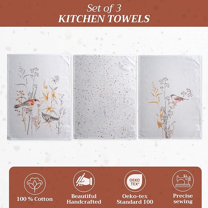 Maison d'Hermine Dish Towels 100% Cotton Absorbent Meadow Florals Beige Set of 3 Spring Summer