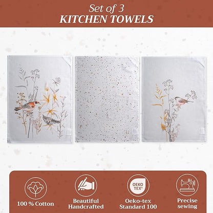 Maison d'Hermine Dish Towels 100% Cotton Absorbent Meadow Florals Beige Set of 3 Spring Summer