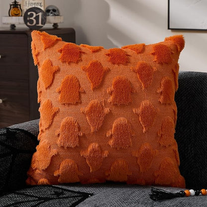 DFXSZ Halloween Pillow Covers 18x18 inch Set of 2 Orange Ghost Throw Pillow Cases Soft Plush Faux Fur Wool Cushion Case for Chair Bedroom Living Room Home Decor PTK03S18