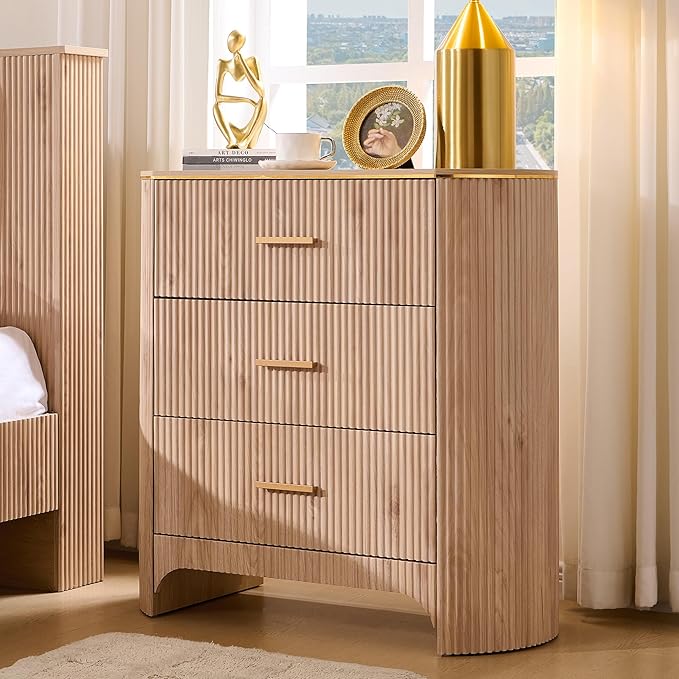 Fluted 3 Drawers Nightstand with Charging Station,31.7" W Bedside Table with Curved Profile Design,End Table Storage with USB Ports for Bedroom,Living Room,Gold Metal Handle,Light Oak