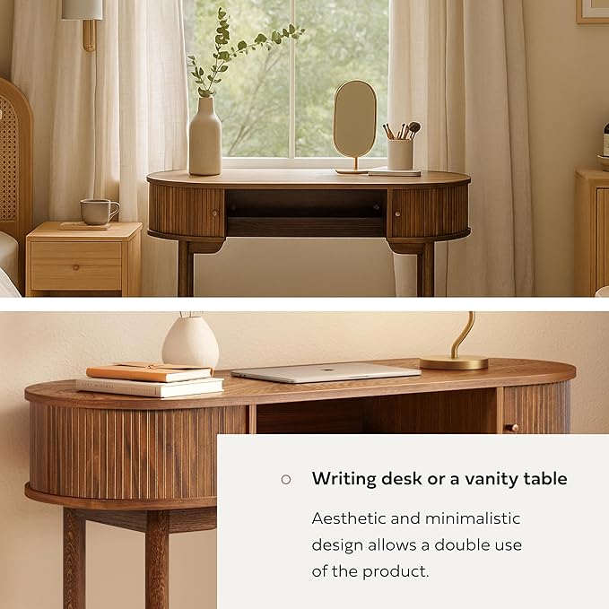 WERMO 51'' Small Wood Writing Desk and Makeup Vanity Desk with Storage and Sliding Doors - Narrow Computer and Work Table for Home Office, Modern Vanity, Brown Dressing Table for Bedroom (Walnut)
