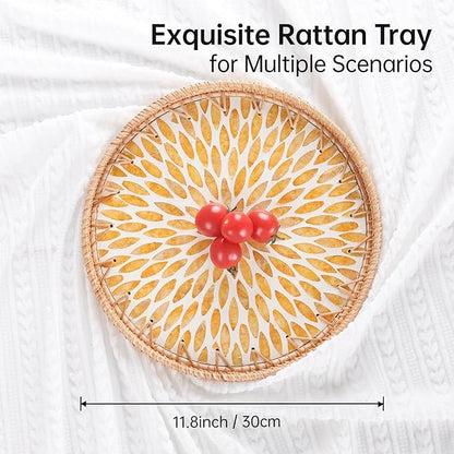 Round Rattan Tray with Mother of Pearl Inlay, Rattan Serving Tray for Coffee, Bread, Fruits, Decorative Wicker Tray for Table Decor, Home Decor, Kitchen Island Decor (Amber Leaf, 11.8")