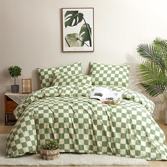 CLOTHKNOW Green White Plaid King Size Comforter Set Grid Bedding Comforter Sets All Season Checkerboard Comforter with 2 x Pillow Cases