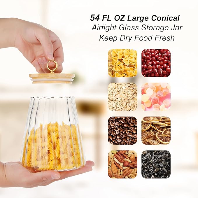 FANTESTICRYAN Glass Coffee Nuts Canister Airtight Storage Jar Petal Decorative Container with Bamboo Lid Metal Handle Easy to Grasp 1600ml, 54 FL OZ (Large Conical)