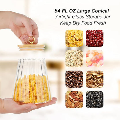 FANTESTICRYAN Glass Coffee Nuts Canister Airtight Storage Jar Petal Decorative Container with Bamboo Lid Metal Handle Easy to Grasp 1600ml, 54 FL OZ (Large Conical)