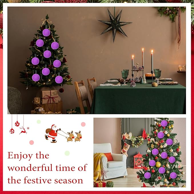 12Pcs Furry Christmas Ball Ornament for Xmas Tree Purple Soft Faux Fur Pom Pom Ball Ornaments Christmas Tree Hanging Decorations for Winter Party Home Decor Costume Supplies