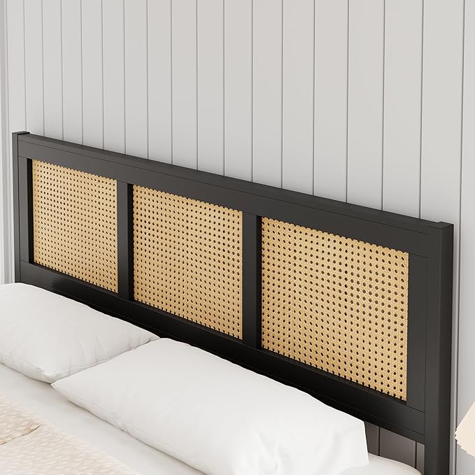 GarveeHome Full Size Rattan Bed Frame with Headboard, Black Boho Cane Platform Bed Frame with Strong Metal Slat, Noise Free, No Box Spring Needed