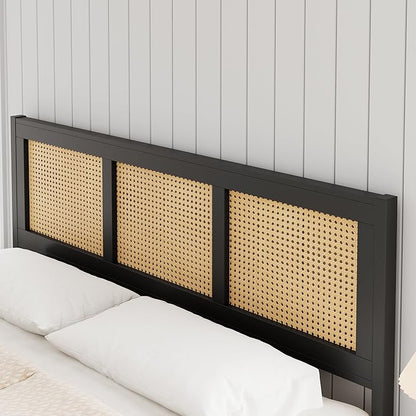 GarveeHome Full Size Rattan Bed Frame with Headboard, Black Boho Cane Platform Bed Frame with Strong Metal Slat, Noise Free, No Box Spring Needed