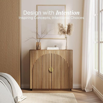 BELLEZE Modular Fluted Sideboard Buffet Cabinet with Storage, Mid-Century Modern Console Table with Symmetrical Arched Doors, Elegant Credenza for Dining Room, Kitchen, and Living Room, Caramel Brown