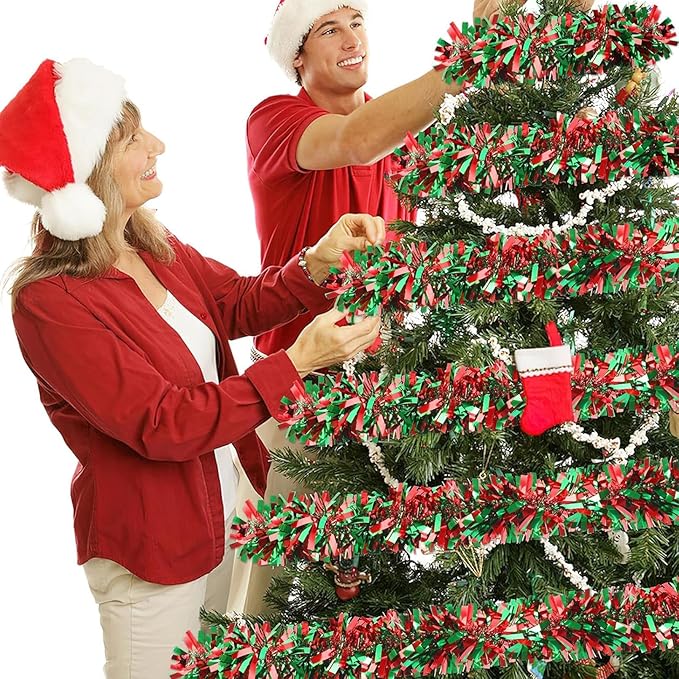 50Ft Christmas Tinsel Garland - Red Green Shiny Metallic Twist Decor for Christmas Tree Home Stairs Railing Front Door Mantle Fireplace Indoor Outdoor Holiday Party