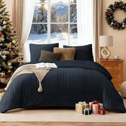 Monbix Fluffy Full Comforter Set Navy Blue, Sherpa Plush Fuzzy Comforter 3 Piece for Full Size Bed, Luxury Soft Winter Warm Bedding Set