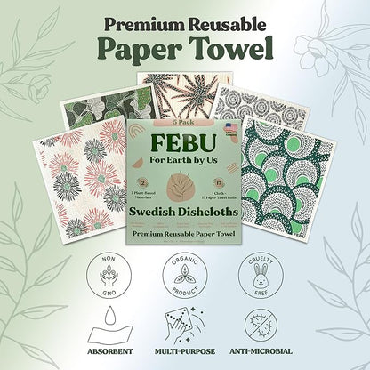 FEBU Swedish Dishcloths for Kitchen 5 Pack Botanique Reusable Washable Absorbent Dish Towels