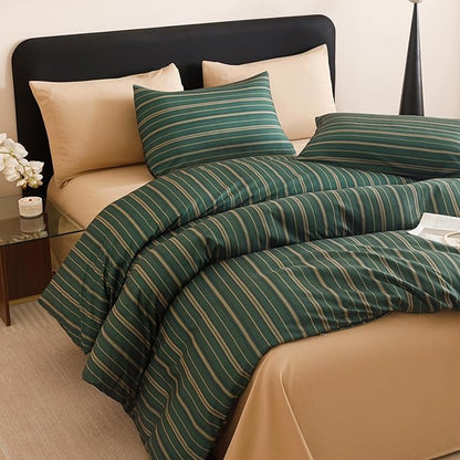 CLOTHKNOW Green Stripes Queen Comforter Set Farmhouse Bedding Comforter Sets Ticking Comforter Queen Hunter Green Comforter Soft Boho