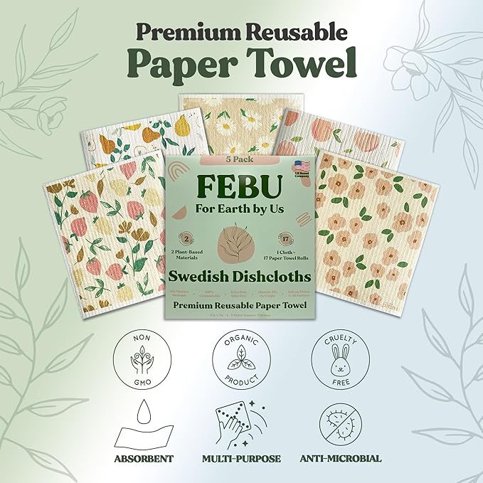 FEBU Swedish Dishcloths for Kitchen 5 Pack Faded Summer Reusable Washable Absorbent Dish Towels