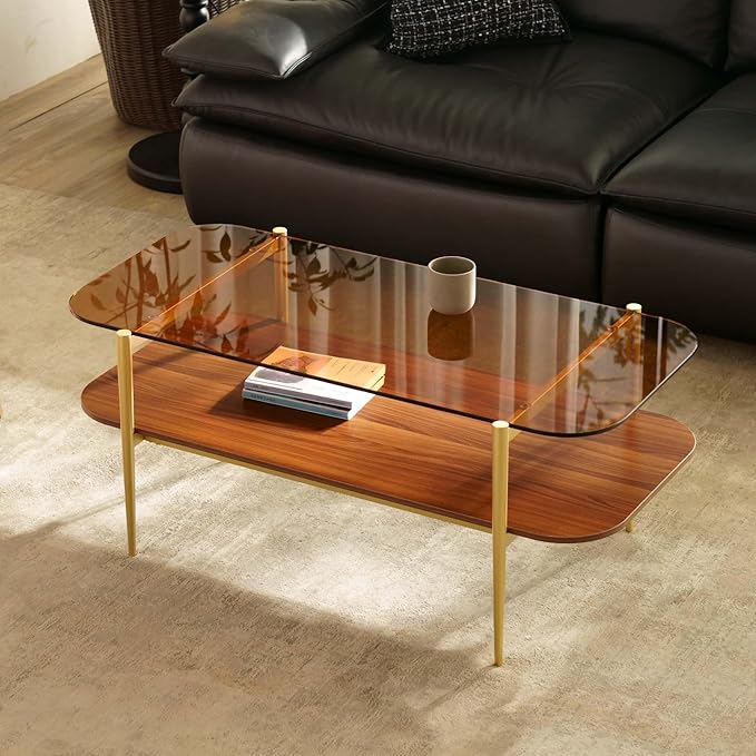 Saint Mossi Tadio Double Layer Glass Coffee Table for Living Room, Brown Glass & Coffee Brown MDF Bottom Shelf with Rounded Corners, L41xW21xH17