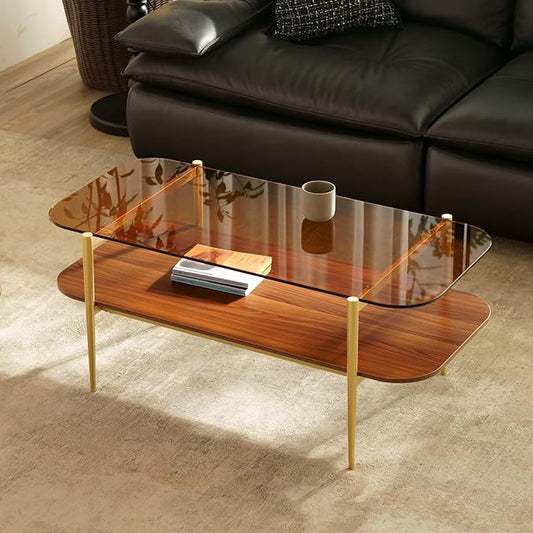 Saint Mossi Tadio Double Layer Glass Coffee Table for Living Room, Brown Glass & Coffee Brown MDF Bottom Shelf with Rounded Corners, L41xW21xH17