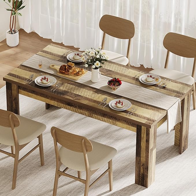 CABIHOME 63" Dining Table for 4-6, Large Farmhouse Rectangular Kitchen Dining Room Table, Wooden, Thick Frame & Sturdy Triangular Legs, Strong Wood Base for Small Space, Dinner, Kitchen, Rustic Brown