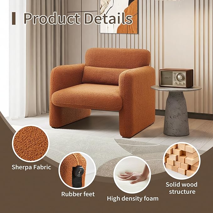 33.86" Accent Chairs, Modern Sherpa Fabric Armed Chair Comfy Upholstered Armchair Leisure Single Sofa Chair with a Waist Pillow for Bedroom, Office and Living Room