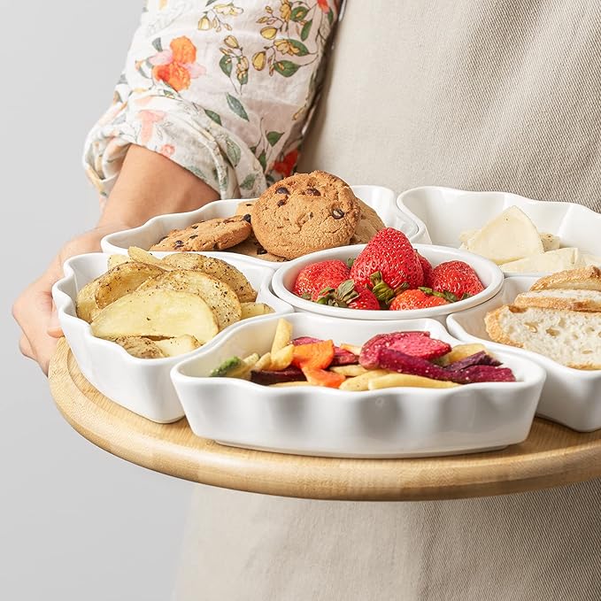 DOWAN 360° Rotatable Serving Platters, 12 Inch Divided Serving Bowls for Party, Kitchen Decor, Removable Serving Dishes for Chips and Dip, Fruit, Veggies, Candy and Snacks, 7 Pieces, White