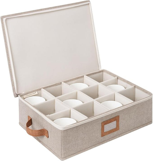 StorageWorks China Storage Container, Stackable Mug Storage Box with Dividers, Stemware Storage Cases, Hard Shell China Cup Organizer, Holds 12 Tea Cups and Coffee Mug, 1 Pack, Brown and Beige