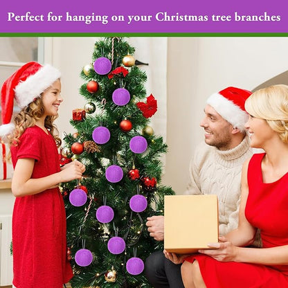 12Pcs Furry Christmas Ball Ornament for Xmas Tree Purple Soft Faux Fur Pom Pom Ball Ornaments Christmas Tree Hanging Decorations for Winter Party Home Decor Costume Supplies