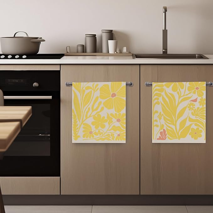 Boho Floral Dish Towels Vintage Abstract Flowers Waffle Weave Yellow Flower