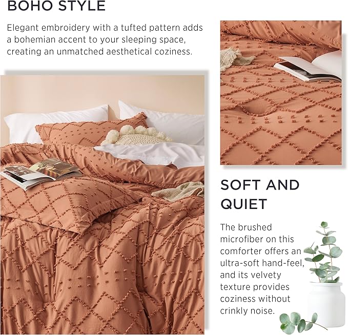 Bedsure Queen Comforter Set - Pumpkin Comforter, Boho Tufted Shabby Chic Bedding for Kids, 3 Pieces Vintage Farmhouse Bed Set for All Seasons, Fluffy Soft Bedding with 2 Pillow Shams