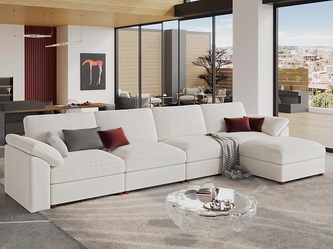 EASE MOOSE Extra Large Modular Sectional Sofa, Modern Oversized L Shape Sectional Couch,Comfty Deep Seat Chenille Modular Sofa with Ottoman,White