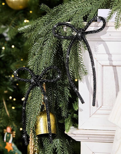 FLAIR GIFTS 6 Pcs 4.3" x 6" 2025 Christmas Bows for Tree Decor, Black Sparkly Glitter Rhinestone Bow Ornaments with Twist Tie for Xmas Decoration, Wreath, Garland, Gift Wrapping