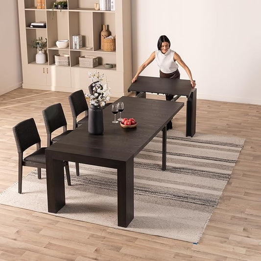 Transformer Table Dining Table Set for 4 to 12, Extendable Wood Dining Table 1 to 10 feet with Stackable Chairs - Space Saving Furniture Wood Furniture (Black)