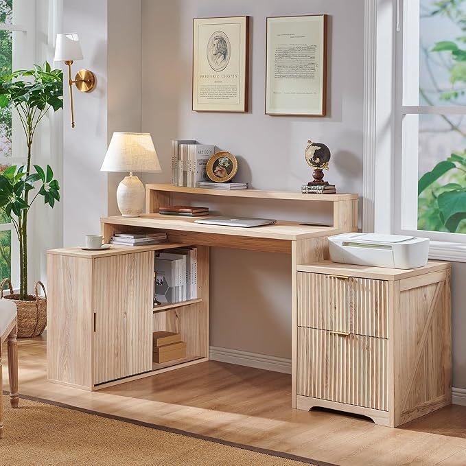 JXQTLINGMU 67" Modern L Shaped Desk with Storage Cabinet & Drawers, Wood Home Office Desk with Power Outlets, Fluted Computer Writing Desk, Natural Oak