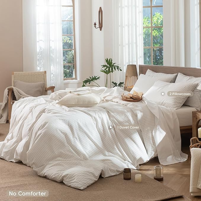 MooMee Striped Duvet Cover Set 100% Washed Cotton Linen Like Textured Breathable Durable Soft Comfy (White Almond Milk Grey Wide Stripes, Alaska King 132"x120")