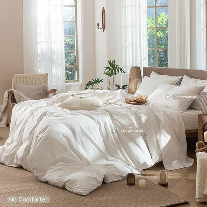 MooMee Striped Duvet Cover Set 100% Washed Cotton Linen Like Textured Breathable Durable Soft Comfy (White Almond Milk Grey Wide Stripes, Cal King 104"x98")