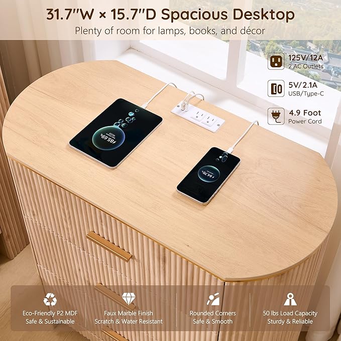 Fluted 3 Drawers Nightstand with Charging Station,31.7" W Bedside Table with Curved Profile Design,End Table Storage with USB Ports for Bedroom,Living Room,Gold Metal Handle,Light Oak