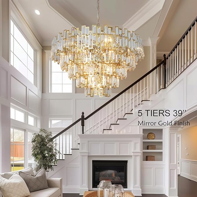 Large Modern Crystal Chandelier Foyer Entryway High Ceiling Big Gold Chandeliers Light Fixture for Living Room