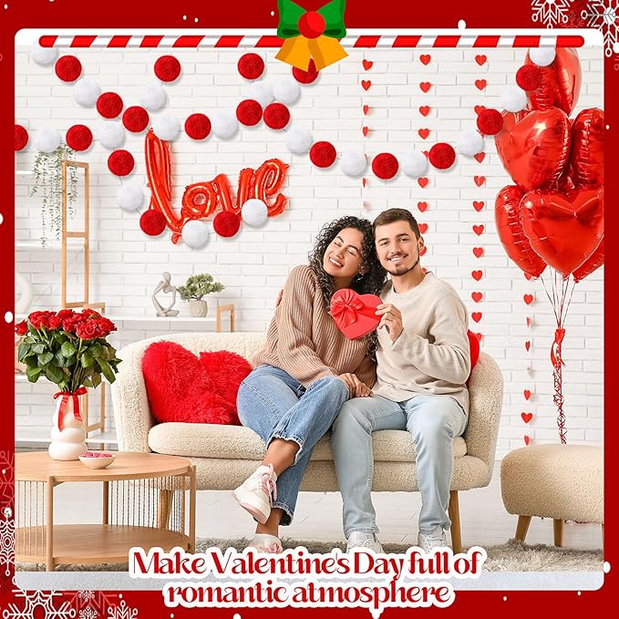 2 Pack Large Pom Poms Garland Hanging Decorations Colorful Soft Faux Rabbit Fur Ball Garland for Easter Xmas Holiday Wedding Baby Shower Birthday Party Supplies(Red White,3.15 Inch)