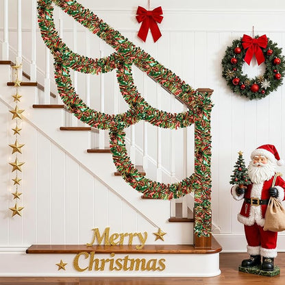 50FT Christmas Tinsel Garland, Red Green&Gold Metallic Twist Shiny Hanging Garland Ornaments for Christmas Tree, Party Supplies Thick Metallic Xmas Streamers
