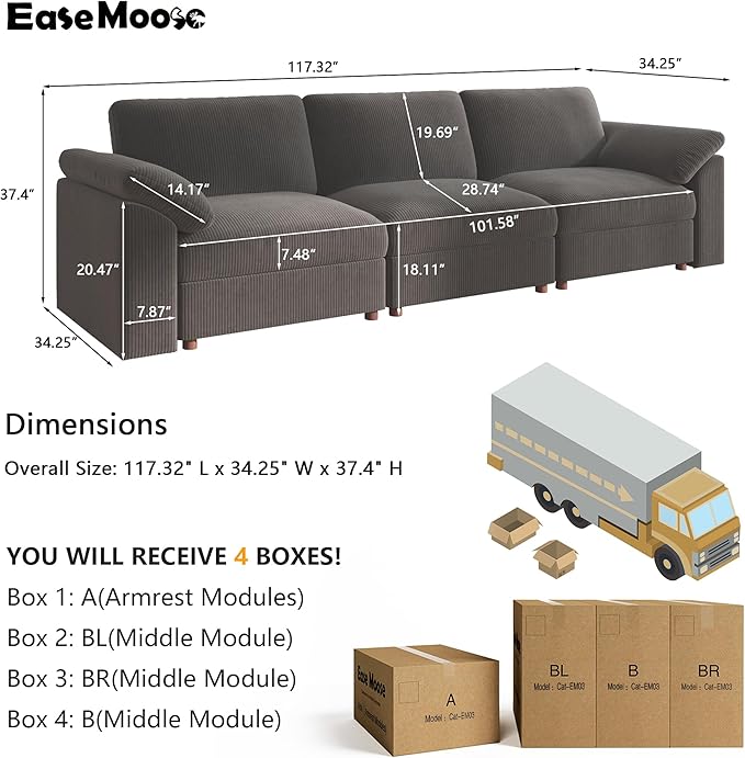 EASE MOOSE Sectional Modular Sofa, Comfty 3 Seat Cloud Couch, FSC Certified Modern Deep Seat Sectional for Living Room
