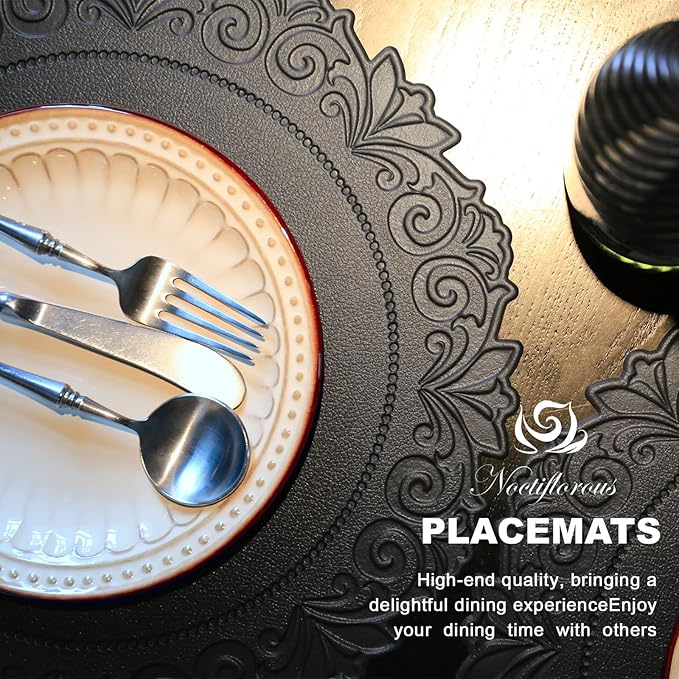 Noctiflorous Round Faux Leather 15 Inch Placemats Set of 4 Waterproof Wipeable Heat Resistant Tablemat for Dining Table Kitchen Non Slip Washable Oilproof Table Place Mat for Indoor Outdoor(Black, 4)