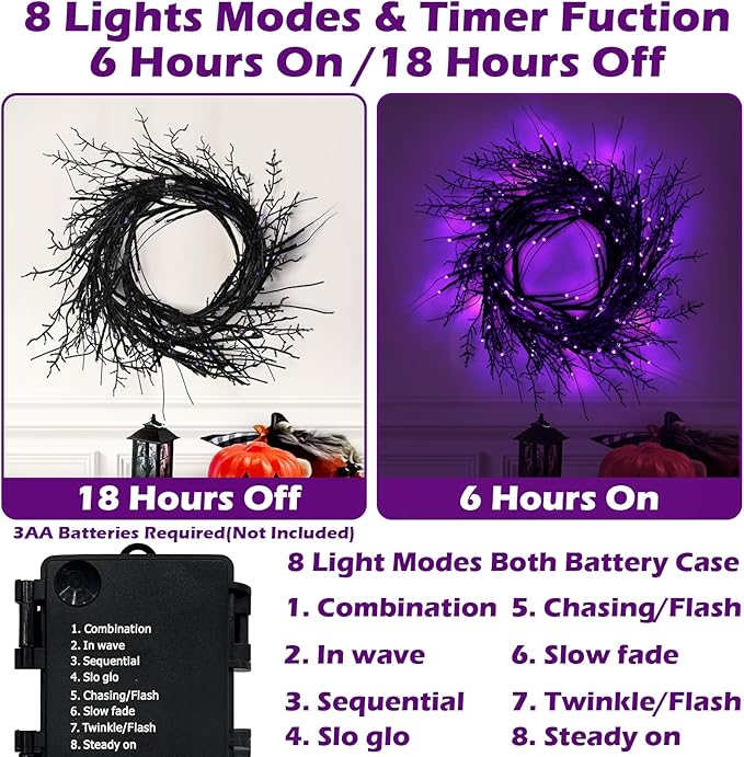 9 Ft 54 LED Halloween Willow Vine Twig Decor Garland Waterproof Battery Operated Halloween Decorations for Home Wall Mantle Fireplace Decor