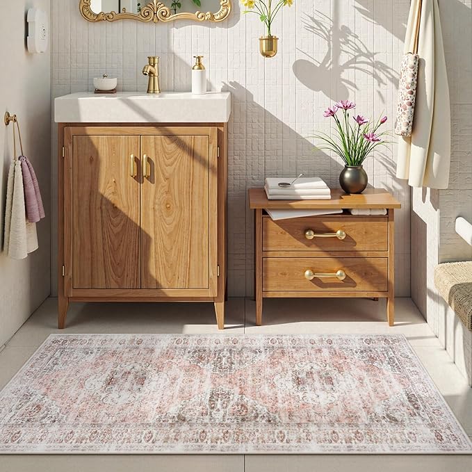 Uphome Bathroom Rugs Runner, Distressed Farmhouse Boho Blush Pink Bath Mat, Non Slip Washable Long Bath Rugs, Vintage Traditonal Soft Velvet Bathroom Runner for Bathtub Sink Shower, 20x60 inch