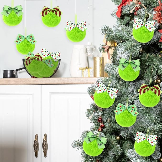 Norme 24-Pack Lime Green Furry Christmas Balls with Bow, 4" Soft Faux Fur Plush Pom Pom Ball Ornaments for Christmas Tree Hanging Decorations Party Fireplace Mantel Wall Decor(Mixed Style)