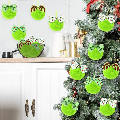 Norme 24-Pack Lime Green Furry Christmas Balls with Bow, 4" Soft Faux Fur Plush Pom Pom Ball Ornaments for Christmas Tree Hanging Decorations Party Fireplace Mantel Wall Decor(Mixed Style)