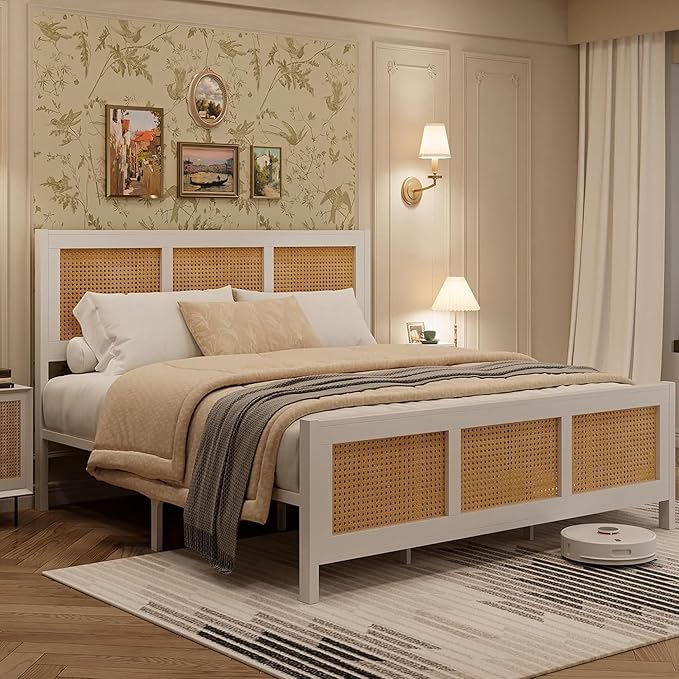GarveeHome Queen Rattan Bed Frame with Headboard, White Boho Cane Platform Bed Frame with Strong Metal Slat, Noise Free, No Box Spring Needed
