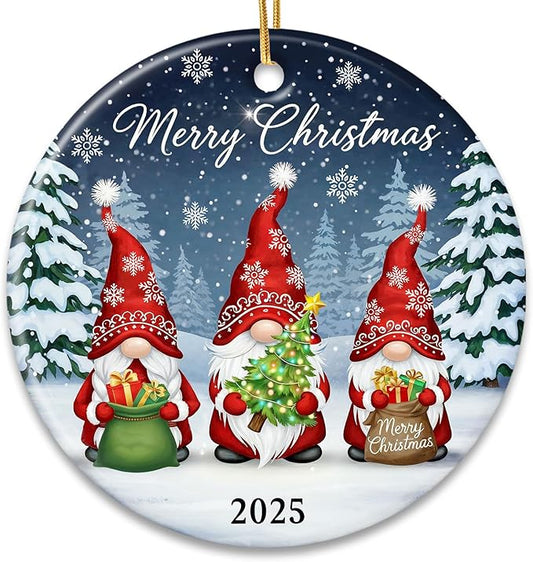ZAGKOO Gnome Christmas Ornaments 2025 - Gnomes Gifts for Women - Gnome Ornament for Christmas Tree, Winter Gnomes Merry Xmas Decoration for Tree - Ceramic Dated Hanging Ornament 2025 Decoration